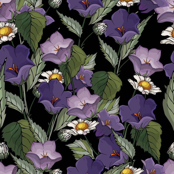 Απρόσκοπτη μοτίβο με λουλούδια μπλε καμπάνες, χαμομήλια, πράσινα φύλλα σε μαύρο φόντο. Floral Pattern για εκτύπωση υφασμάτων. Ύφασμα ταπετσαρία εκτύπωση υφή. - Διάνυσμα, εικόνα