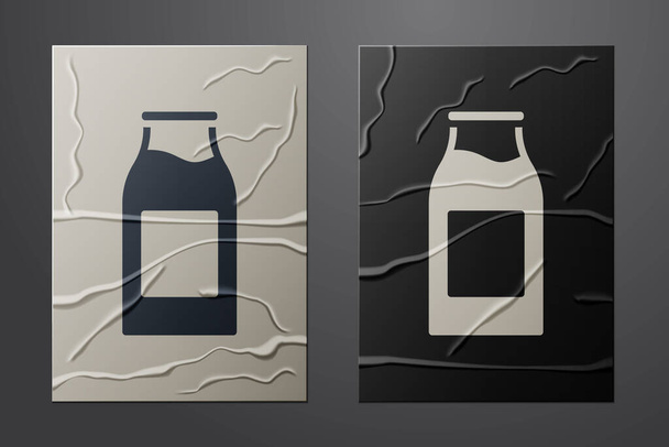 Bílá skleněná láhev s ikonou mléka izolovaná na zmačkaném papírovém pozadí. Papírový styl. Vektorová ilustrace. - Vektor, obrázek