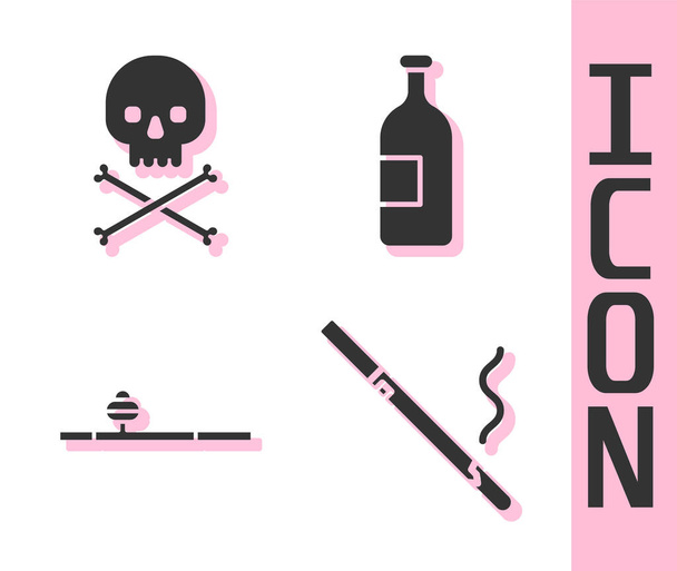 Set Zigarette, Totenkopf auf Kreuzknochen, Opiumpfeife und Alkoholflaschensymbol. Vektor. - Vektor, Bild