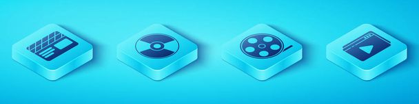 Isometric Film alkışını, CD veya DVD diskini, Çevrimiçi oynatma videosunu ve Film makarası simgesini ayarla. Vektör. - Vektör, Görsel