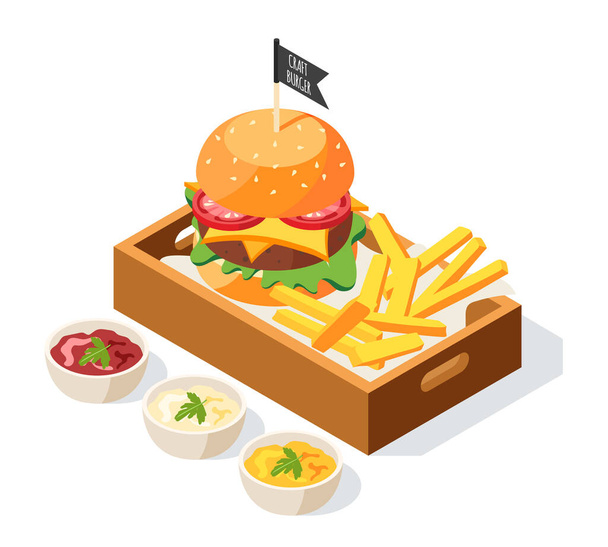 Burger che serve composizione isometrica - Vettoriali, immagini