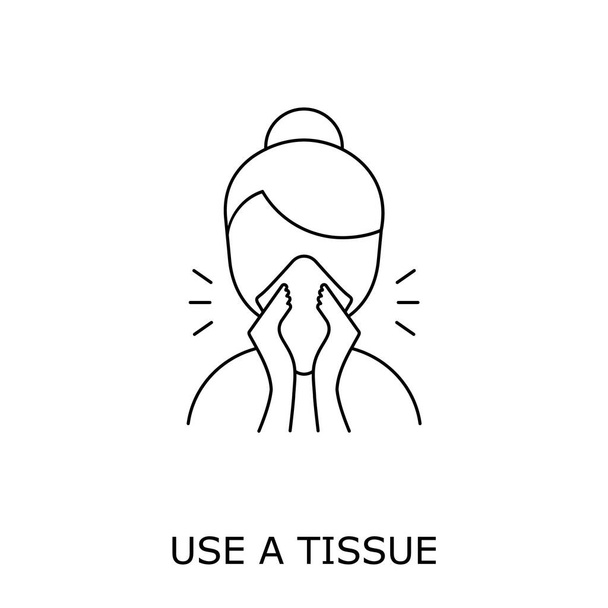 Icono de línea de estornudo. Mujer sonándose la nariz en papel. Usa tejido. Cubra la boca y la nariz al toser y estornudar. Higiene personal Medidas de seguridad contra el Coronavirus. Ilustración vectorial, plano, clip art - Vector, Imagen
