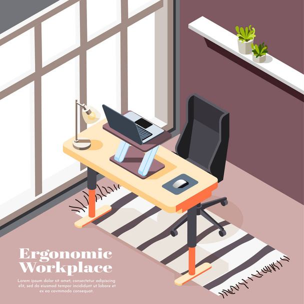  Ergonomischer isometrischer Hintergrund am Arbeitsplatz - Vektor, Bild