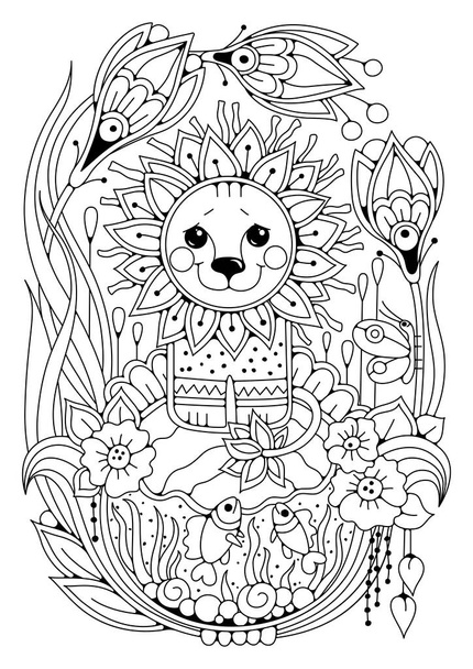Disegno da colorare con l'immagine di un leone carino sullo sfondo di un ornamento floreale. L'illustrazione per il Suo hobby - colorazione di quadri. Può essere usato come tatuaggio o come stampa su tessuti. - Vettoriali, immagini