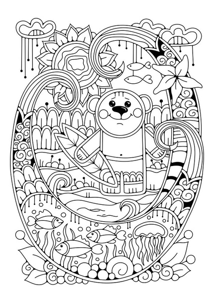 Coloring page for children and adults. The illustration shows a cute bear - surfer with a surfboard. This picture can be used as a print on fabric or tattoo. - Vector, Image