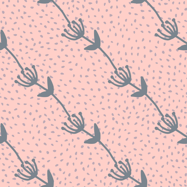 Flower branch simple seamless pattern. Pink rozy background with dots. Diagonal floral ornament in pastel blue color. Perfect for wallpaper, wrapping paper, textile print, fabric. Vector illustration. - Vector, Image