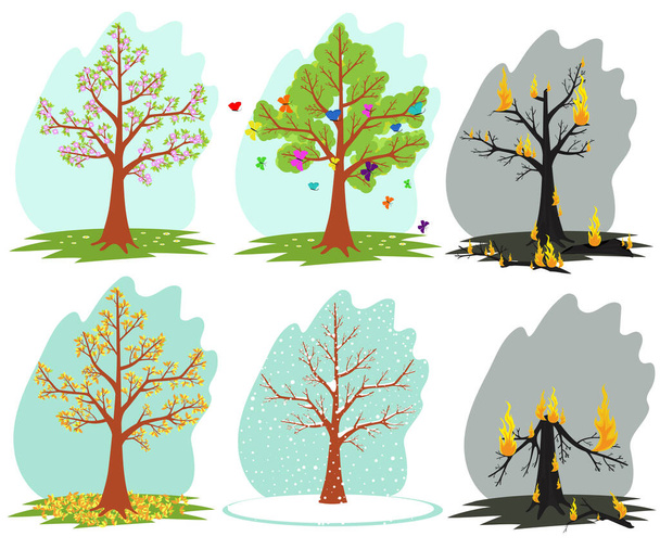Baum in verschiedenen Jahreszeiten. Bäume im Feuer.  - Vektor, Bild