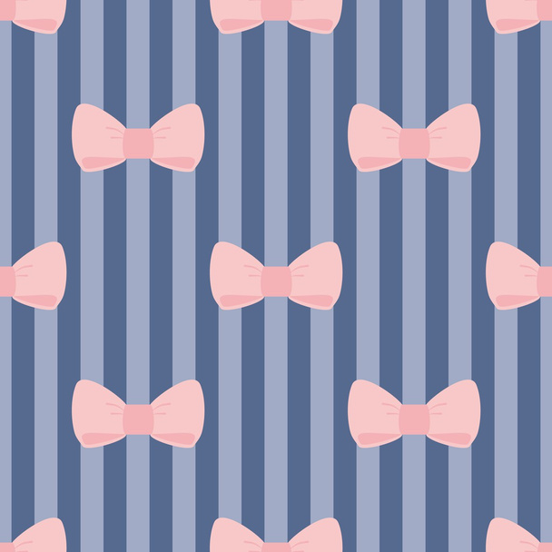 Seamless vector pattern with pastel pink bows on a navy blue strips background. - Vector, Image