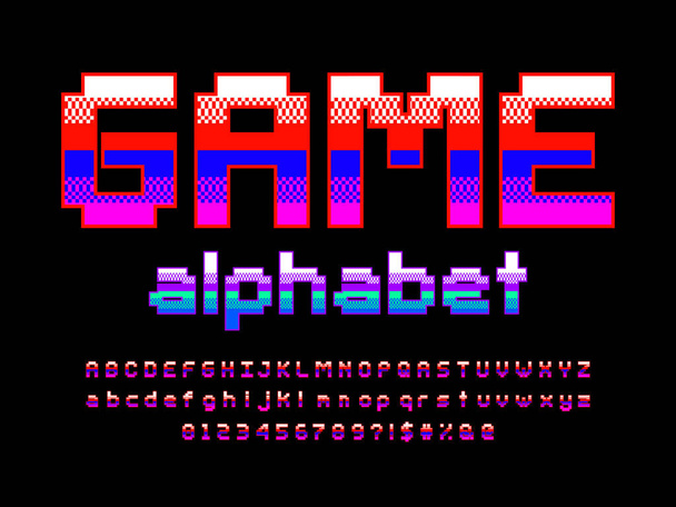 pixel lettertype met hoofdletters, kleine letters, cijfers en symbool - Vector, afbeelding