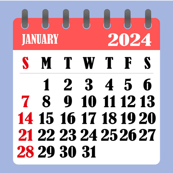 Ocak 2024 için mektup takvimi. Hafta pazar günü başlıyor. Zaman, planlama ve planlama konsepti. Düz dizayn. Aylık çıkarılabilir takvim. Vektör   - Vektör, Görsel