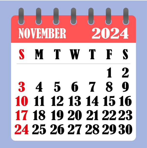 Calendário de cartas para novembro de 2024. A semana começa no domingo. Conceito de tempo, planejamento e programação. Design plano. Calendário removível para o mês. Vetor
   - Vetor, Imagem
