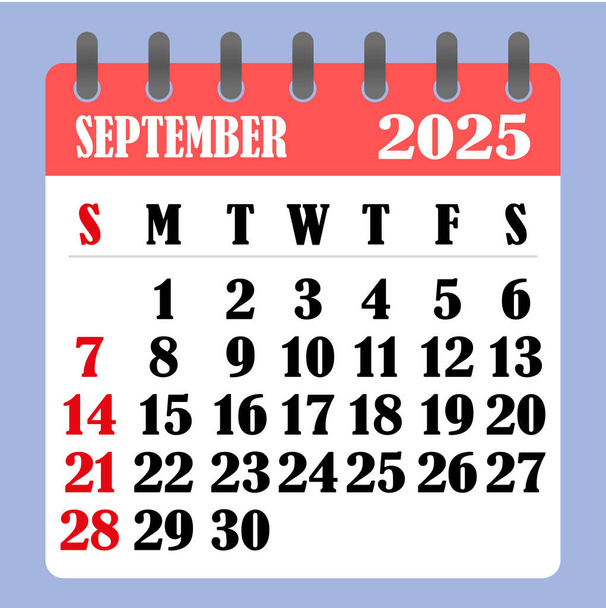 Brievenkalender voor september 2025. De week begint op zondag. Tijd, planning en planning concept. Vlak ontwerp. Verwijderbare kalender voor de maand. Vector   - Vector, afbeelding