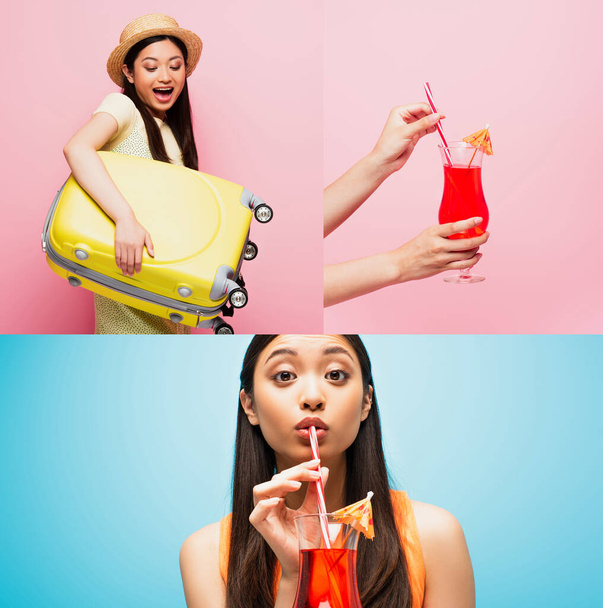 collage di asiatico ragazza holding bagaglio e bere cocktail di blu e rosa  - Foto, immagini