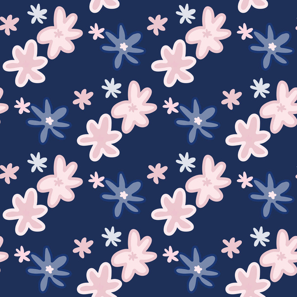Floral seamless pattern with daisy abstract elements. Dark navy blue background with pink botanic silhouettes. Designed for wallpaper, textile, wrapping paper, fabric print. Vector illustration. - Vector, imagen