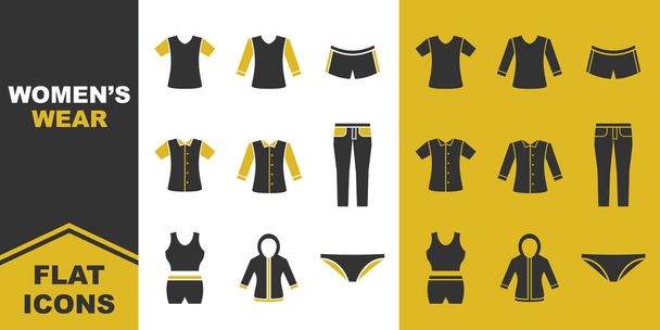 女性用のフラットアイコンのコレクションです。シャツ、半袖、パーカー、パンティー、スポーツ、セーター。ベクターイラスト. - ベクター画像