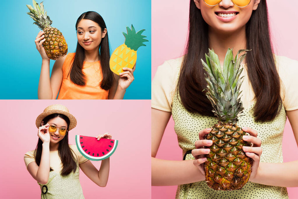 Güneş gözlüklerine dokunan mutlu Asyalı kız kolajı, elinde karton karpuz ve olgun ananaslar, mavi ve pembe  - Fotoğraf, Görsel