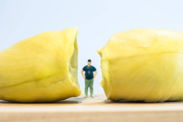 Miniatyyri ihmiset: lähikuva rasvaa mies seisoo durian eristetty valkoisella pohjalla  - Valokuva, kuva