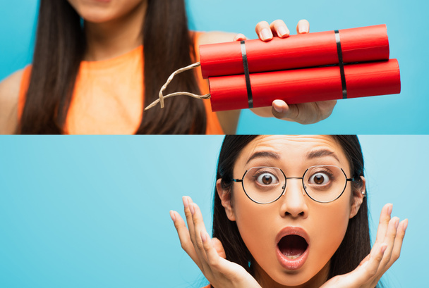 Collage eines schockierten asiatischen Mädchens mit Brille, das in die Kamera blickt, gestikuliert und Dynamitstangen isoliert auf blauem Grund hält - Foto, Bild