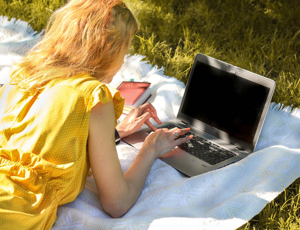 young woman freelancer using laptop in the nature, yellow dress - Photo, Image