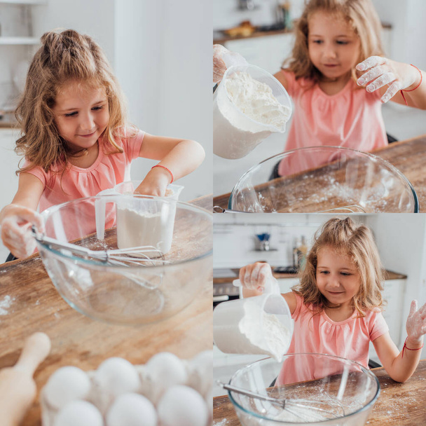 collage de niño rubio vertiendo harina en un tazón de vidrio cerca de batidor y huevos de pollo - Foto, Imagen