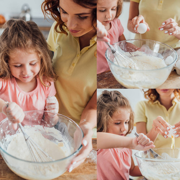 collage of young woman adding chicken egg into glass bowl with flour and daughter kneading dough with whisk - Fotoğraf, Görsel