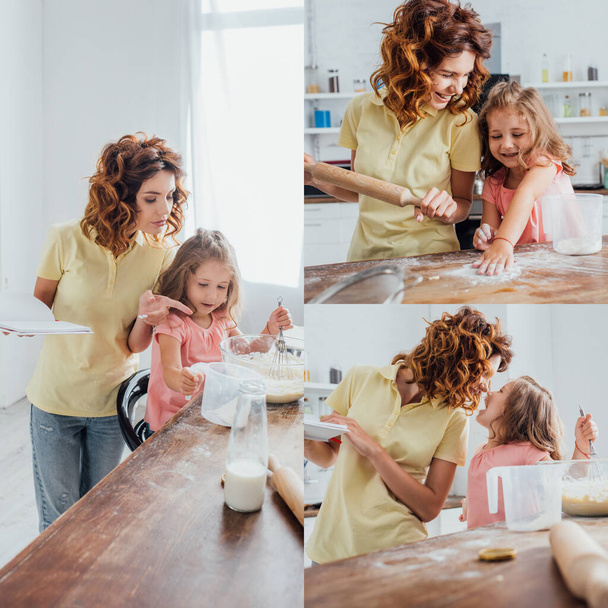 колаж кучерявої жінки, вказуючи пальцем і тримаючи кулінарну книгу біля дочки, що замішує тісто і розсіює стіл з борошном
 - Фото, зображення