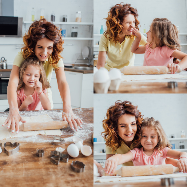 Collage von lockiger Frau mit Tochter, die Teig ausrollt, und Mädchen, die Mütter Nase in der Küche berührt - Foto, Bild