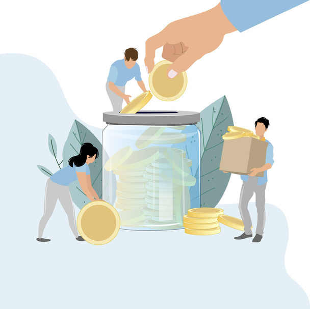 Crowd funding, collect money in jar donation, safe money. Vector finance investment, donate coin, people collect and give golden coin in glass jar illustration. Cooperation funding, fund venture - Vector, Image