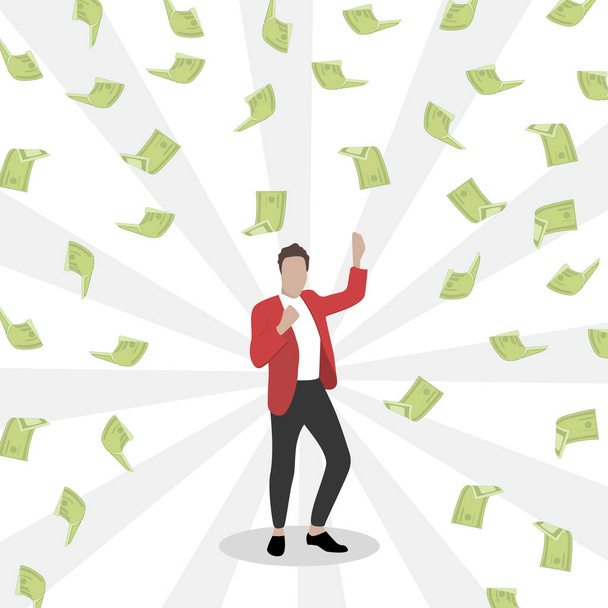 Winner lottery, man get fortune, earnings rain, vector businessman successful in pile cash. Illustration blissful guy wealthy, currency falling - Vector, Image