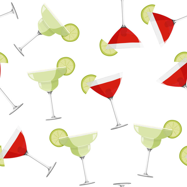 Alcohol drinkt achtergrond. Kosmopolitische en Margarita cocktails naadloos patroon. - Vector, afbeelding