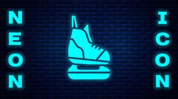 Brillante icono de neón patines aislados en el fondo de la pared de ladrillo. Icono de zapatos de patín de hielo. Botas deportivas con cuchillas. Ilustración vectorial - Vector, Imagen