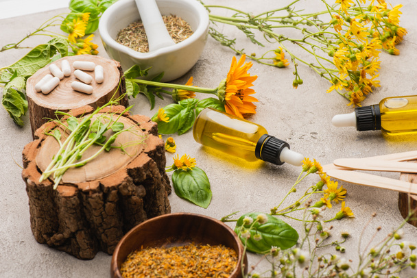 wildflowers, herbs, bottles and pills on concrete background, naturopathy concept - Photo, Image