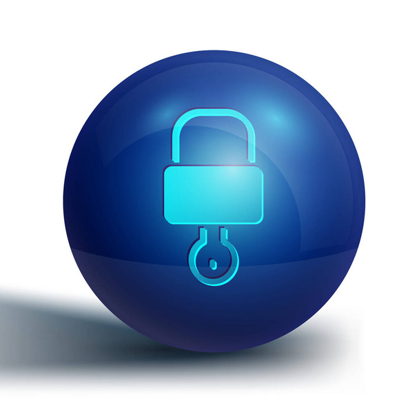 ホワイトの背景にブルーロックとキーアイコンが分離されています。南京錠のサイン。セキュリティ、安全性、保護、プライバシーの概念。青い丸ボタン。ベクターイラスト - ベクター画像
