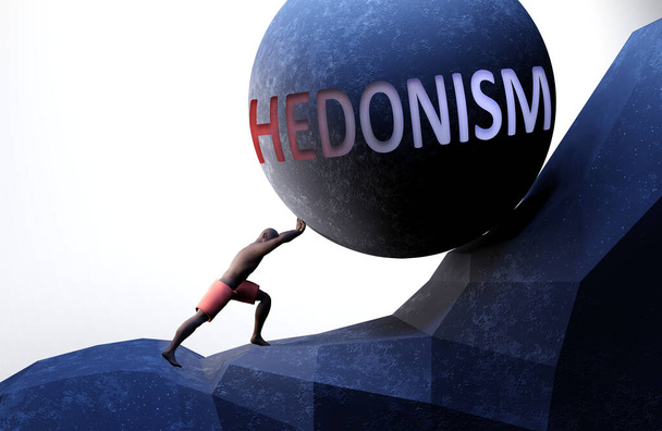El hedonismo como un problema que hace la vida más difícil simbolizado por una persona que empuja el peso con la palabra hedonismo para mostrar que el hedonismo puede ser una carga que es difícil de llevar, ilustración 3d - Foto, imagen