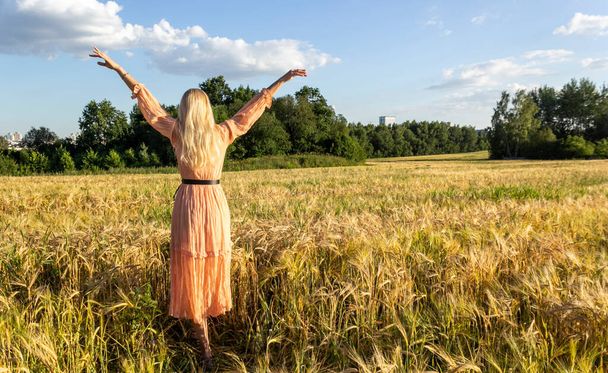 背景に日の出とともに小麦畑に立つ若い女性。ブロンドピンクのドレス. - 写真・画像