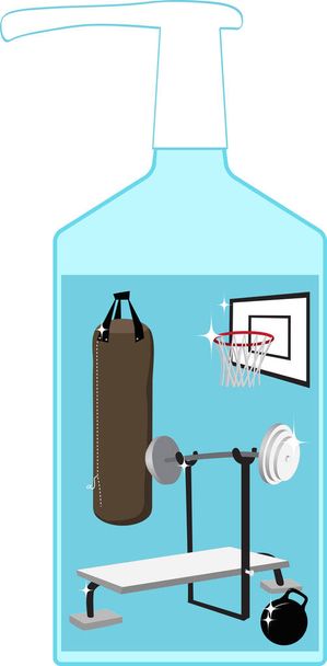 Botella desinfectante de manos con un equipo de gimnasio en el interior como metáfora de los estándares de higiene post pandemia, ilustración vectorial EPS 8   - Vector, imagen