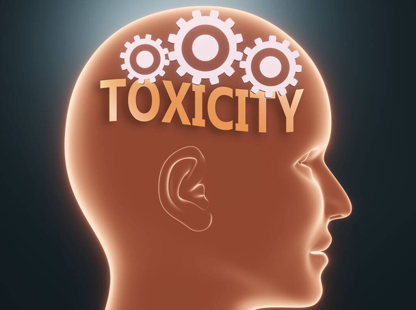 İnsan zihnindeki toksikoloji, toksikliliğin insanların düşünebileceği şeyi sembolize etmek için dişli bir kafanın içindeki toksikoloji sözcüğü olarak resmedilir ve bu onların davranışlarını etkiler. - Fotoğraf, Görsel