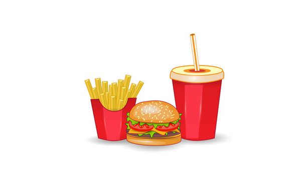Vector illustration of fast food on white isolated background. Chisburger, french fries and drink. Fast sreet food lunch or breakfast meal set. EPS 10. - ベクター画像