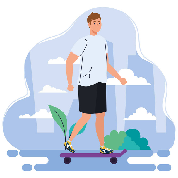 muž provádějící outdoorové aktivity, mladý muž na skateboardu - Vektor, obrázek