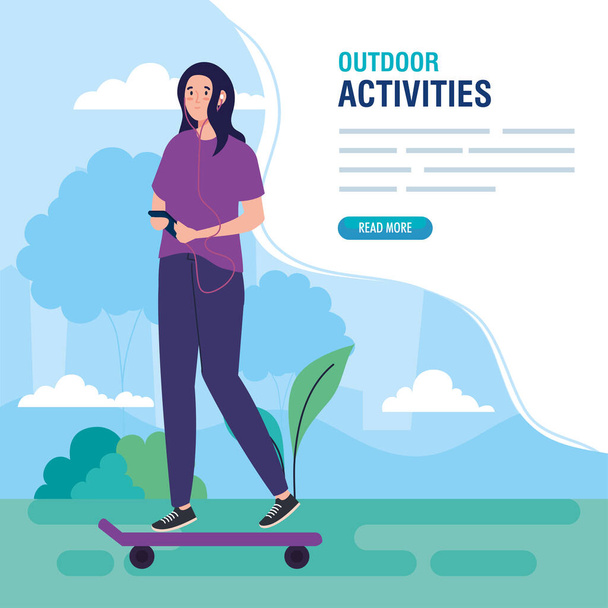 banner, woman performing leisure outdoor activities, young woman in skateboard - Vector, Image