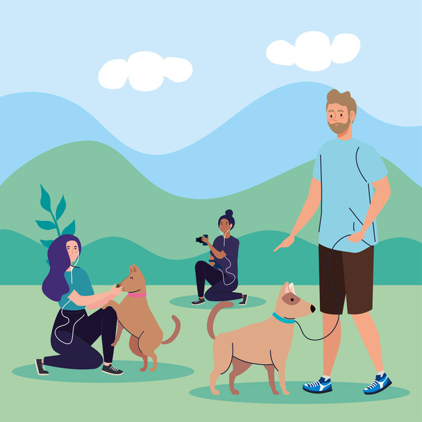 grupo de personas que realizan actividades al aire libre, pareja en un paseo con perros y fotógrafa mujer - Vector, Imagen