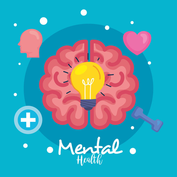 концепция психического здоровья, и мозг с иконами здоровья - Вектор,изображение