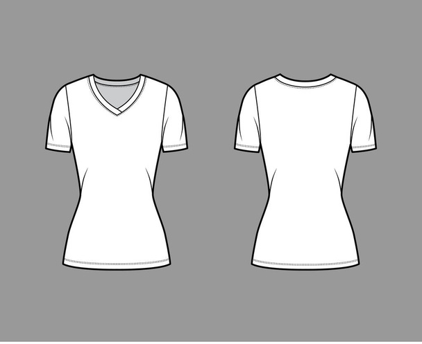 T-shirt col V en jersey illustration de mode technique à manches courtes, forme moulante, longueur tunique - Vecteur, image