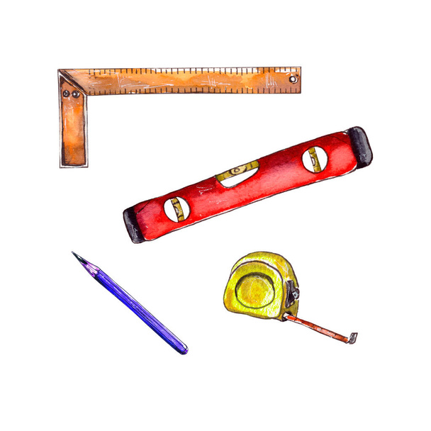 Akvarelové ilustrace.Pracovní měřicí nástroje stavební koncepce.Kovové pravítko a tužka. Izolováno na bílém pozadí - Fotografie, Obrázek