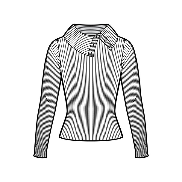 ワイドボタンアップタートルチェックリブのニットセーター技術的なファッションイラストで長い袖、密着形状.  - ベクター画像
