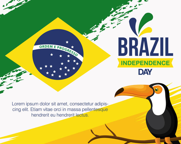 7 de septiembre, bandera de celebración brasileña día de la independencia con tucán - Vector, Imagen