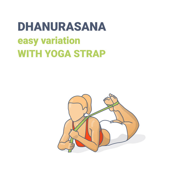 Vrouwelijke Dhanurasana Gemakkelijke Variatie met Yoga Strap Illustration. Kleurrijk concept van Bow Yoga Pose. - Vector, afbeelding