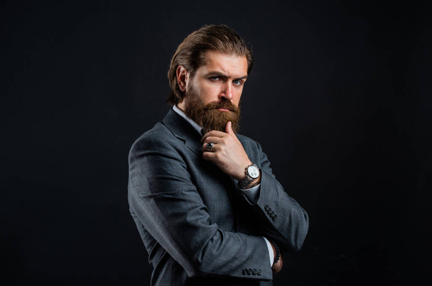 fashionable man wear hand watch. formal fashion model. handsome man on gray background. serious bearded businessman. stylish mature man looking modern. mens office wardrobe. ready for wedding - Photo, Image