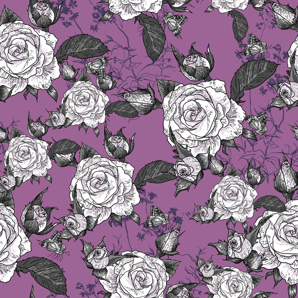 Seamless background with roses and butterflies - Vector, Image