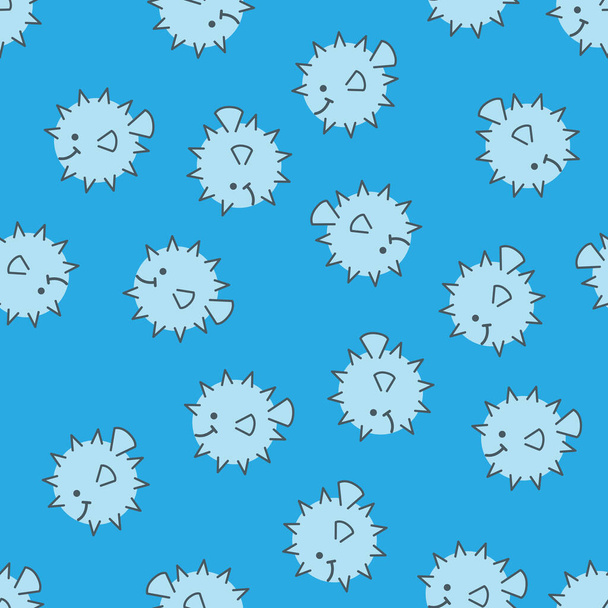 Graphic puffer fish seamless pattern. Sea hedgehog on blue. Vector background for childrens. - Vector, Image